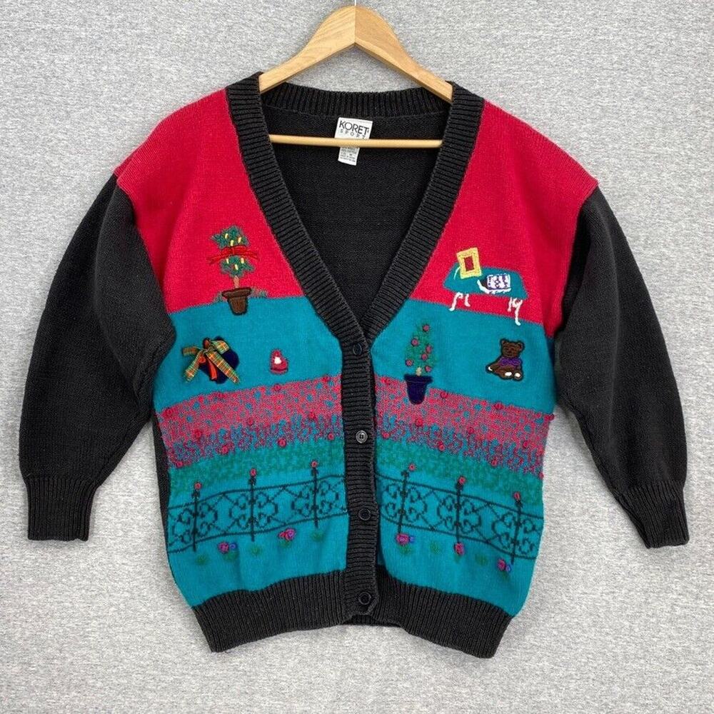 Vintage Koret Sport Sweater Womens Medium Multicolor Cardigan Embroidered 90s
